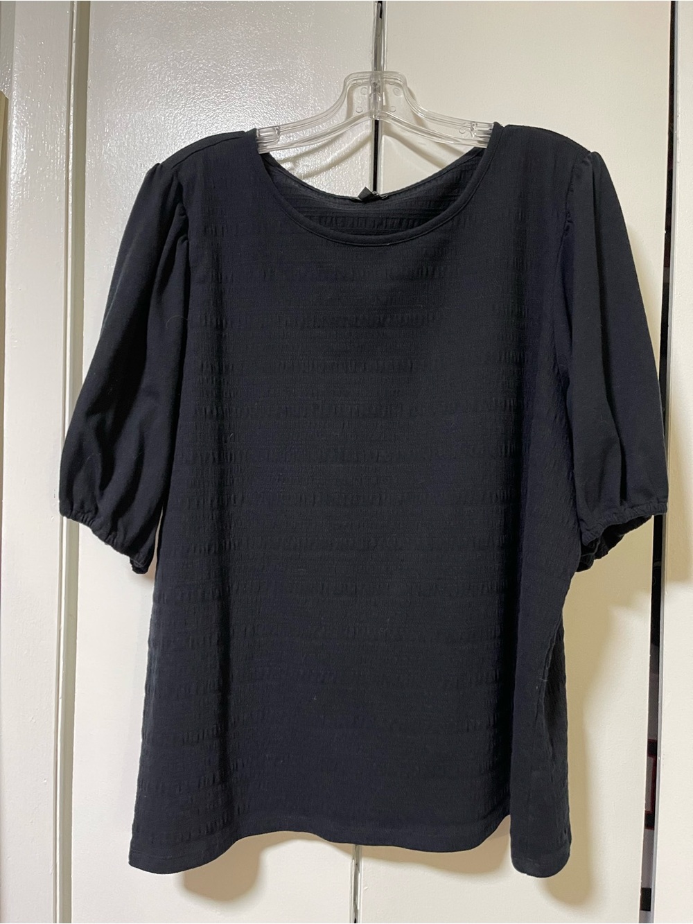 Talbots Black Puff-Sleeve Textured Round-Neck Blouse
